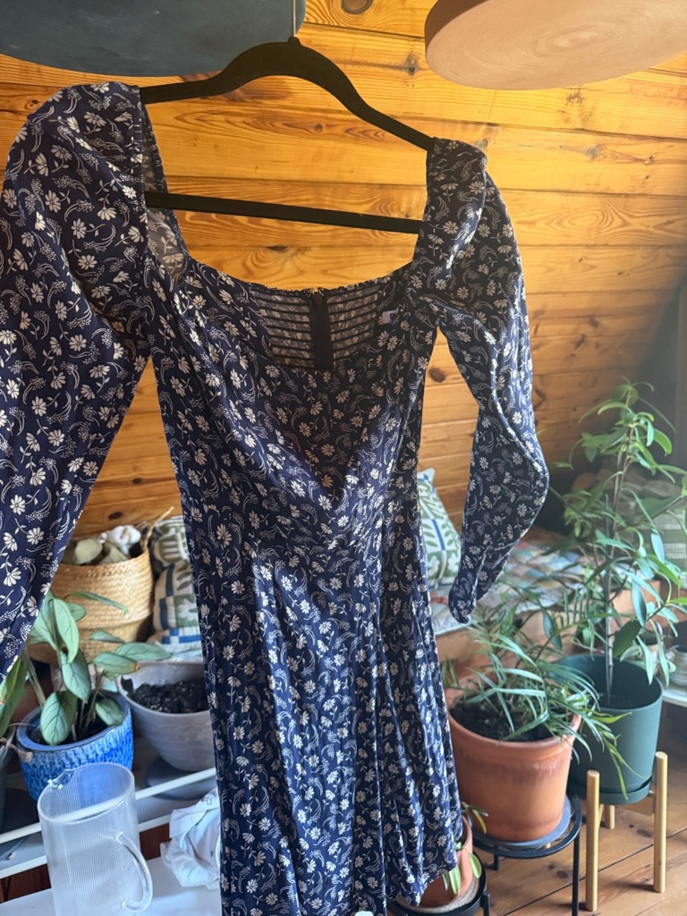 Reformation Navy Floral Long-Sleeve Square-Neck Midi Dress Size 2